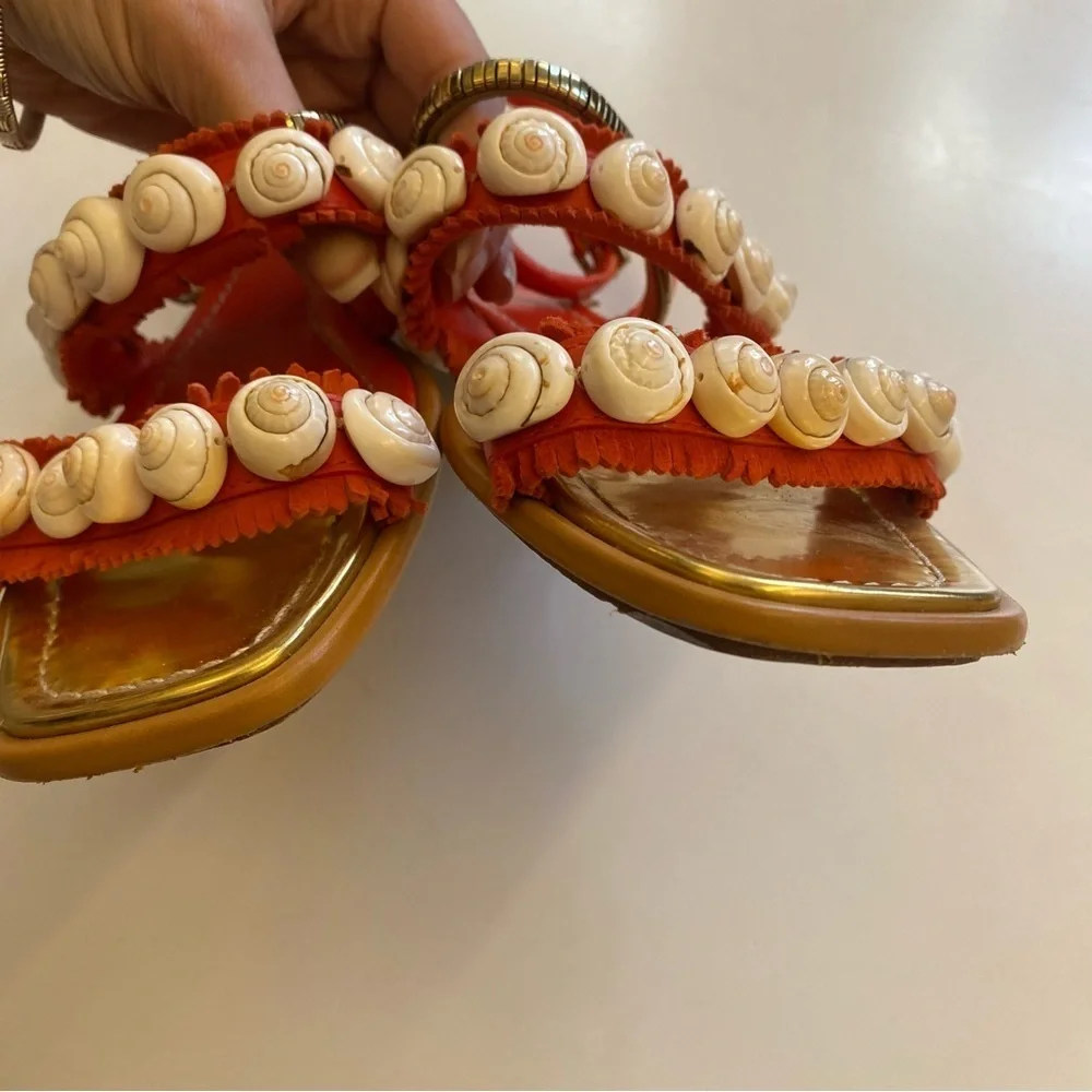 Tory Burch || Sinclair‎ Seashell Sandal Strappy Fringe Gold Orange Red 7.5